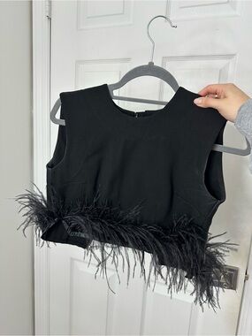 Sleeveless Black Feather Trim Crop Top